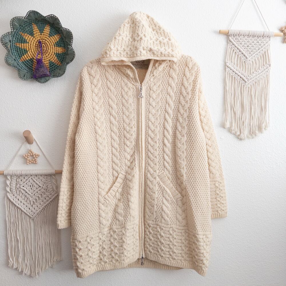 Aran Crafts Ireland Wool Cream Cable Knit Cardigan Sweater Size XL